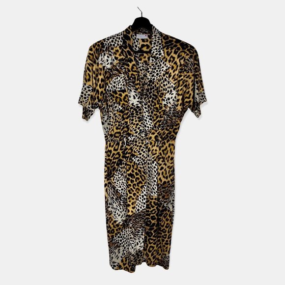 Vintage Dresses & Skirts - Vintage 80s Scarlett Animal Print Short Sleeve Button Up Dress Medium